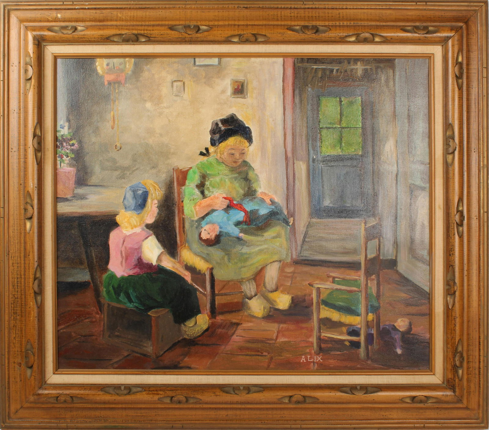 GABRIEL ALIX OIL PAINTING EARLY WORK AFTER PIETERS: Gabriel Alix ( 1930-1998, Haitian) early art school oil painting after the Dutch painter Evert Pieters. Size: 16 X 20, Framed 31 X 27 Condition: Very fine