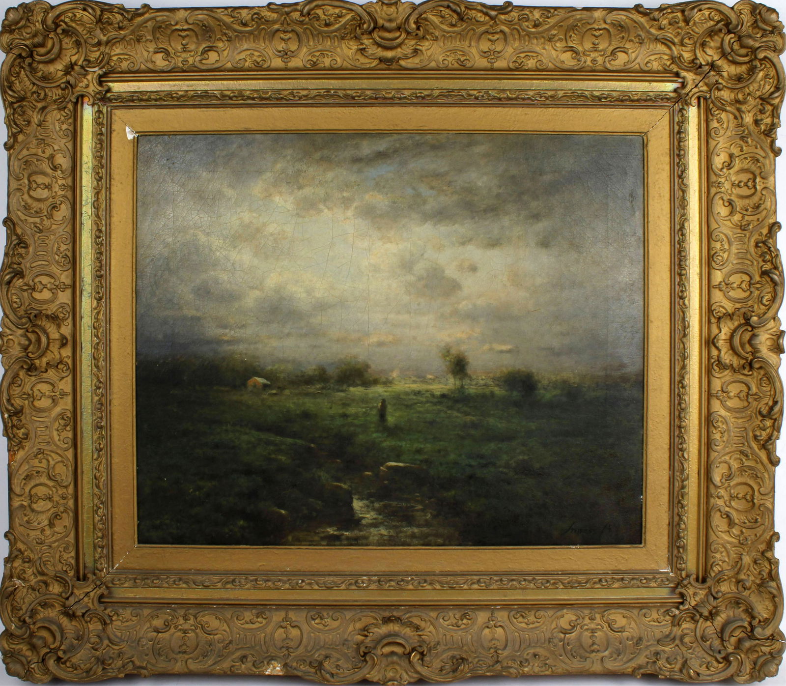 GEORGE INNESS JR.(AMERICAN 1854-1926) ORIGINAL OIL: George Inness Jr. (American, 1854 - 1926) A Summer Landscape. Oil on canvas, signed 'Inness Jr' lower right. 28" x 18" Size: 38" x 28" framed Condition: Very Good.
