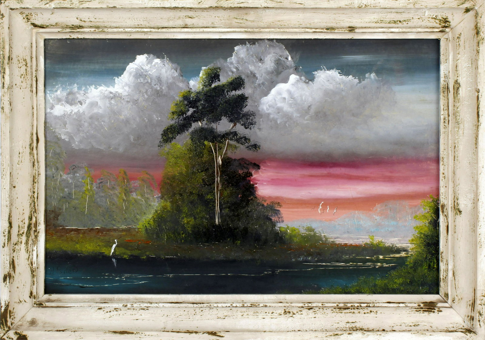 HORACE FOSTER FLORIDA ARTIST OIL ON BOARD: Horace Foster, Florida Artist, oil on board. Beautiful Florida wetland scene with Pink and orange sunset sky. Signed lower left, accompanied by paperwork that states this painting was sold by Sam Newt