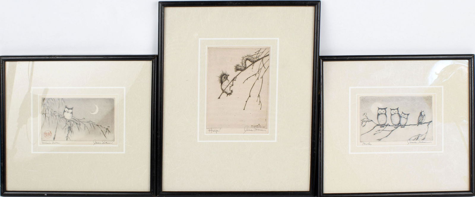 JAMES SWANN COPPER PLATE ENGRAVINGS - LOT OF 3: Listed Artist James Swann copper plate engravings to include: "Owls" 5" x 3.5" , "Help!" 4" x 6" and "Mimi Zuku" 5" x 3.5". Condition: Very Fine.