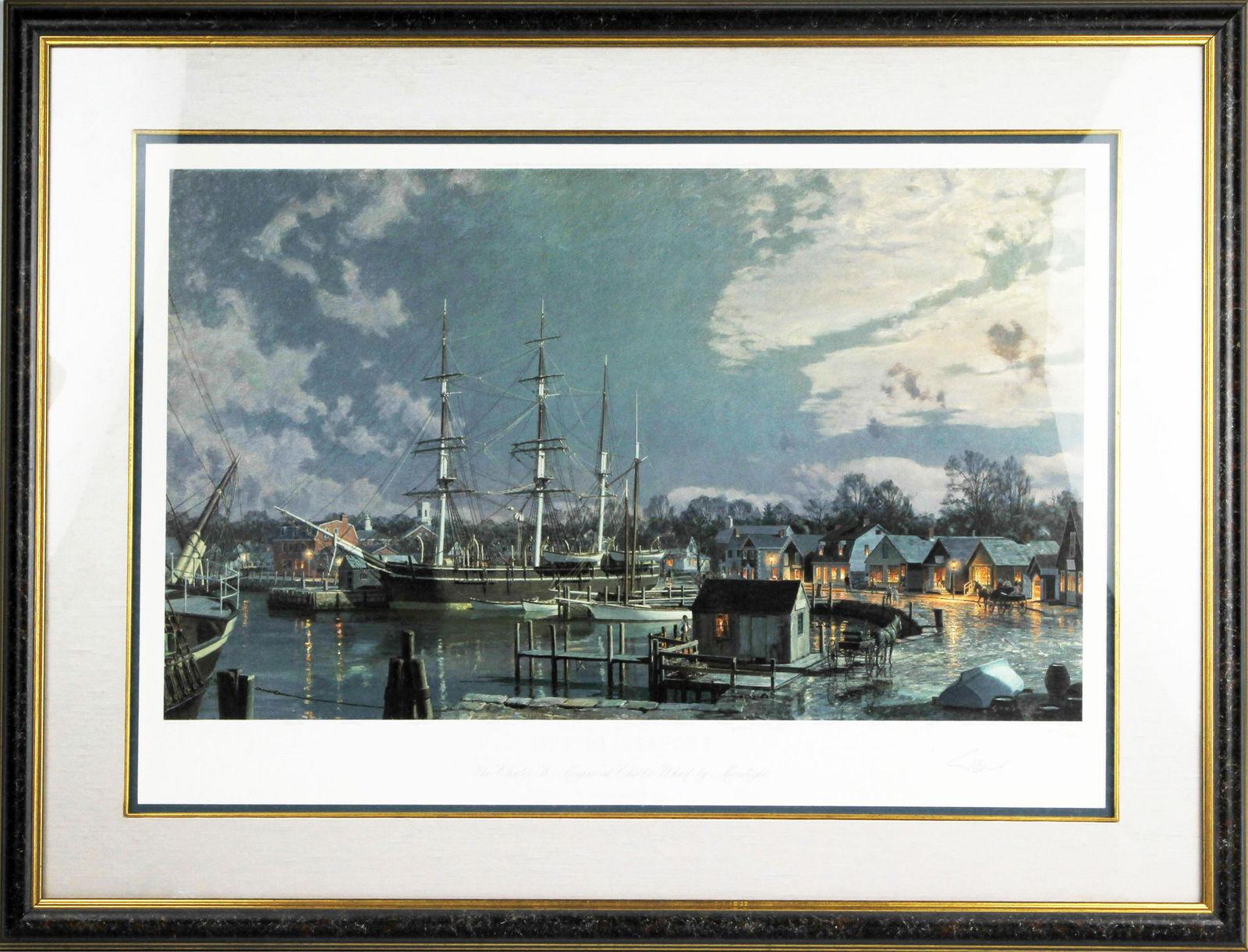 JOHN STOBART LITHOGRAPH MYSTIC SEAPORT: John Stobart (b. 1929) lithograph titled "Mystic Seaport". Signed in pencil lower right. Size: 29" x 38.5" framed Condition: Very Fine.