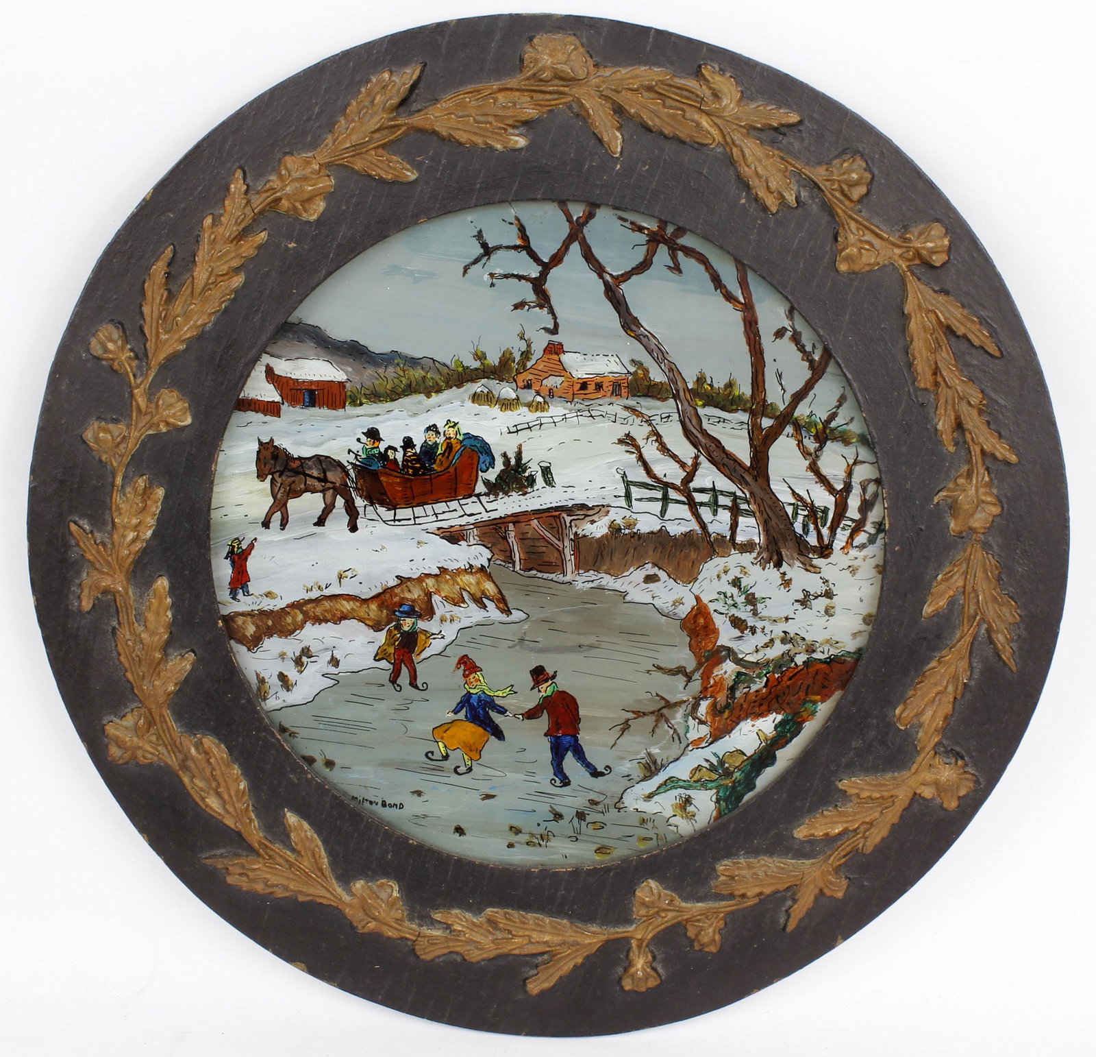 MILTON BOND REVERSE PAINTED FOLK ART SCENE: Milton Bond reverse painted original Folk Art scene. 9.5" diameter. Condition: Very Fine