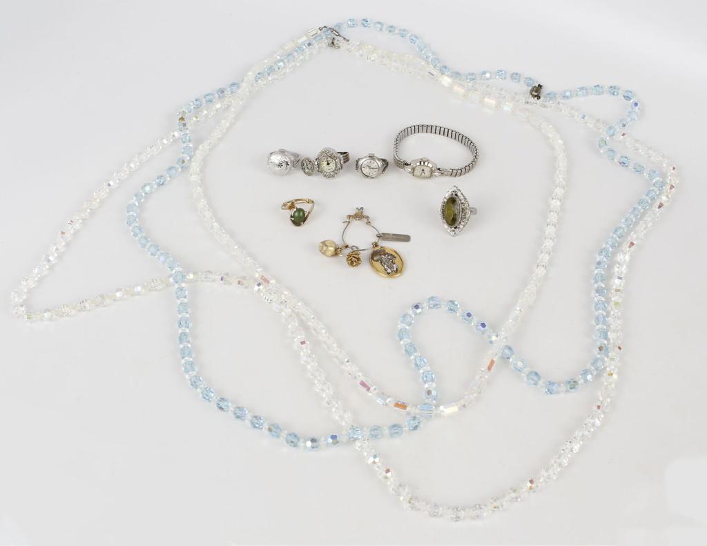 VINTAGE WATCH & JEWELRY LOT OF 14 - BULOVA, BLITA: VINTAGE WATCH & JEWELRY LOT OF 14 - BULOVA, BLITA Vintage watch and jewelry lot with one 1950's Bulova ladies wristwatch Blita watch ring, Majestron watch ring, BWC Swiss watch ring, one gold tone rin