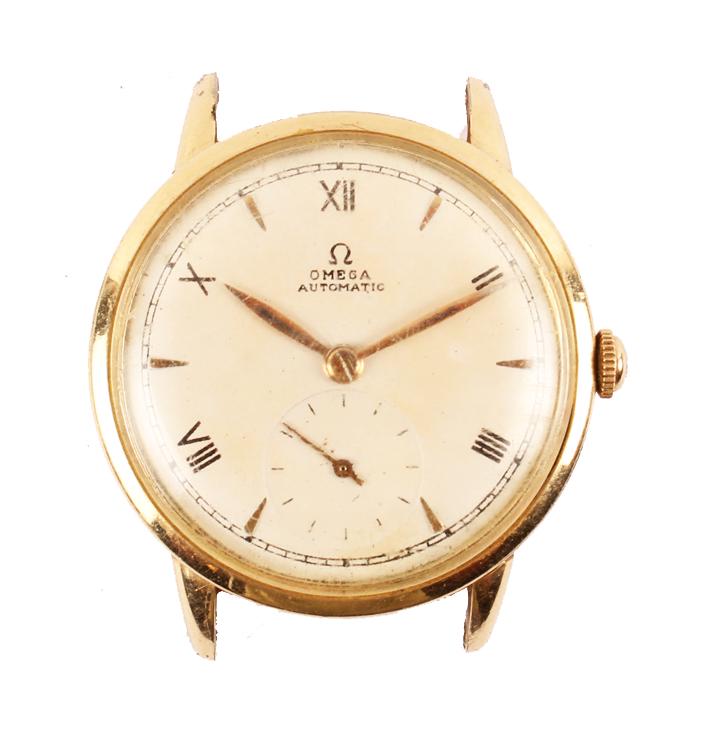 MEN`S OMEGA AUTOMATIC GOLD BUMPER WATCH FOR PARTS: MEN`S OMEGA AUTOMATIC GOLD BUMPER WATCH FOR PARTS Men's gold filled case Omega automatic movement wrist watch head with white Roman numeral dial and sub dial at 6:00 position. Swiss movement serial 10