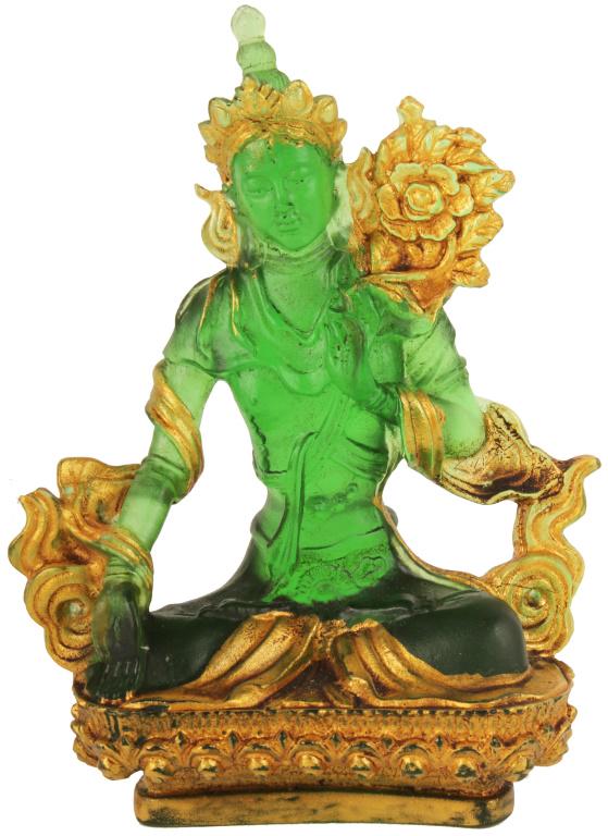 CHINESE GREEN GLASS BUDDHIST FIGURINE: CHINESE GREEN GLASS BUDDHIST FIGURINE Chinese green glass Buddhist figurine seated statue. Size: 5" Condition: Very fine