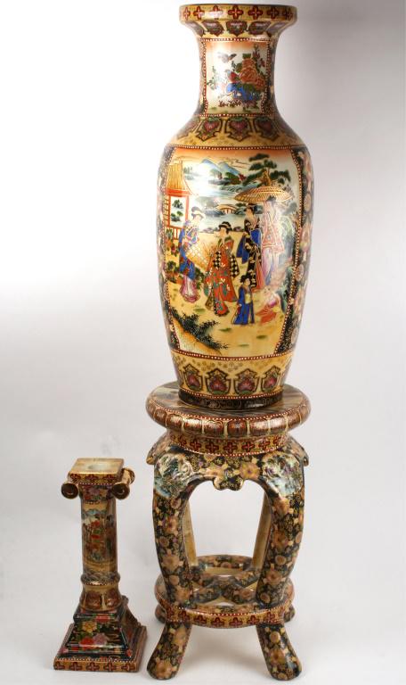 SATSUMA JAPANESE VASE , COLUMN , AND STAND: SATSUMA JAPANESE VASE , COLUMN , AND STAND Satsuma Japanese vase with stand and column candlestick holder. Size: 24" Vase, 18" stand Condition: Very fine