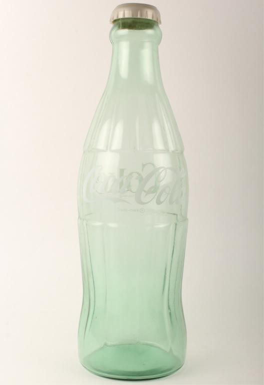 EXTRA LARGE 20" GLASS COCA-COLA BOTTLE: EXTRA LARGE 20" GLASS COCA-COLA BOTTLE Coca-Cola glass extra large bottle with plastic cap. Size: 20" Condition: Cap is damaged.