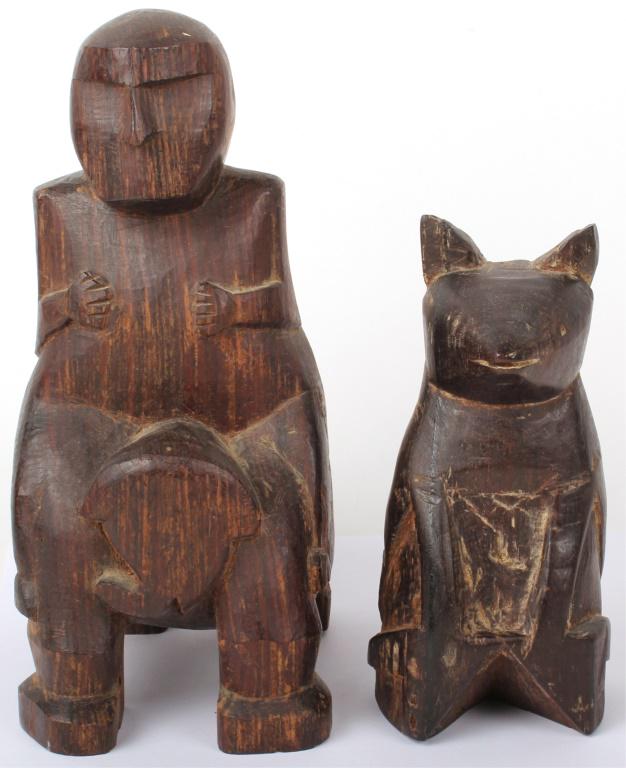 EMBERA INDIAN RARE COCOBOLO WOOD ARTIFACTS - 2: EMBERA INDIAN RARE COCOBOLO WOOD ARTIFACTS - 2 Embera tribe Choco indian antique Cocobolo wood sculptures. One sculpture is of a dog and the other is of a man riding an elephant. These artifacts were