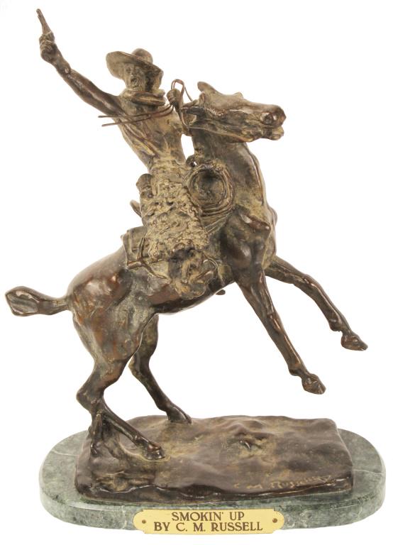 C.M. RUSSELL BRONZE SCULPTURE - SMOKIN' UP: C.M. RUSSELL BRONZE SCULPTURE - SMOKIN' UP Charles Marion Russell (1864-1926, American) bronze sculpture titled "Smokin' Up". On granite base with nameplate. Size: 12 X 9 X 4.5" Condition: Very fine