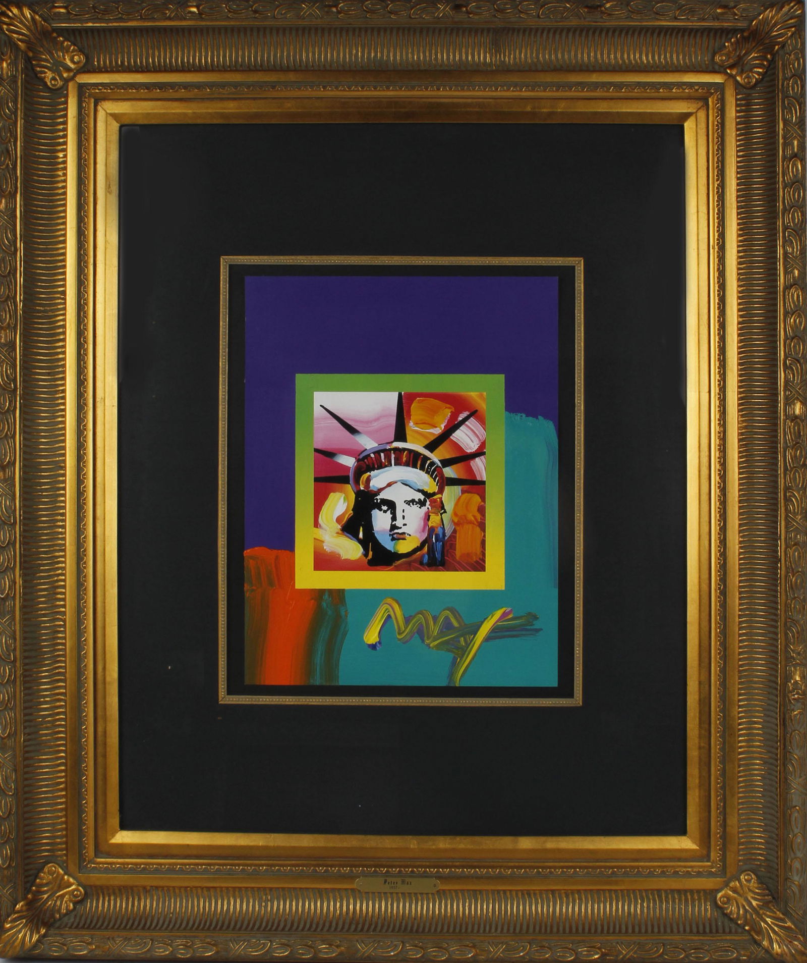 PETER MAX ORIGINAL ACRYLIC LIBERTY HEAD: Peter Max original acrylic on paper. Titled "Liberty Head", 2008. Peter max 2008 studio stamp on reverse. Accompanied by certificate of authenticity. 13" x 17" Size: 33" x 40" framed Condition: