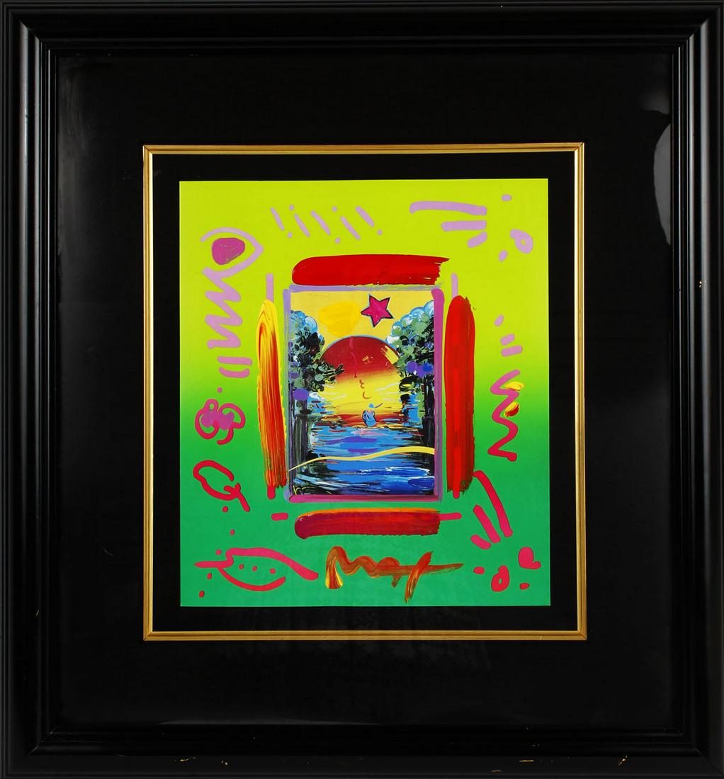 PETER MAX ORIGINAL MIXED MEDIA BETTER WORLD: Peter Max original mixed media titled "Better World". Signed in pigment, on paper. 24" x 26" Framed, 14" x 12" paper. Condition: Very Fine.