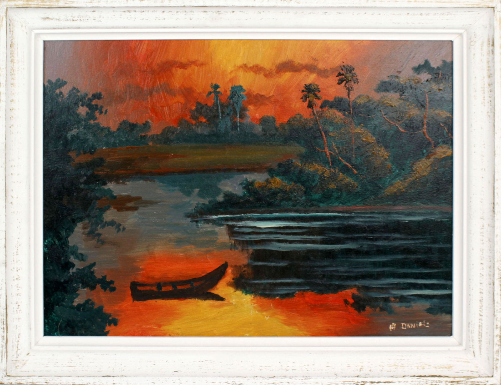 WILLIE DANIELS FLORIDA HIGHWAYMEN OIL ON MASONITE: Willie Daniels, Florida highwaymen artist, oil on masonite. Deep sunset river scene with beautiful orange reflective waters. Signed lower right. Board measures 24" x 18" Size: 27" x 21"