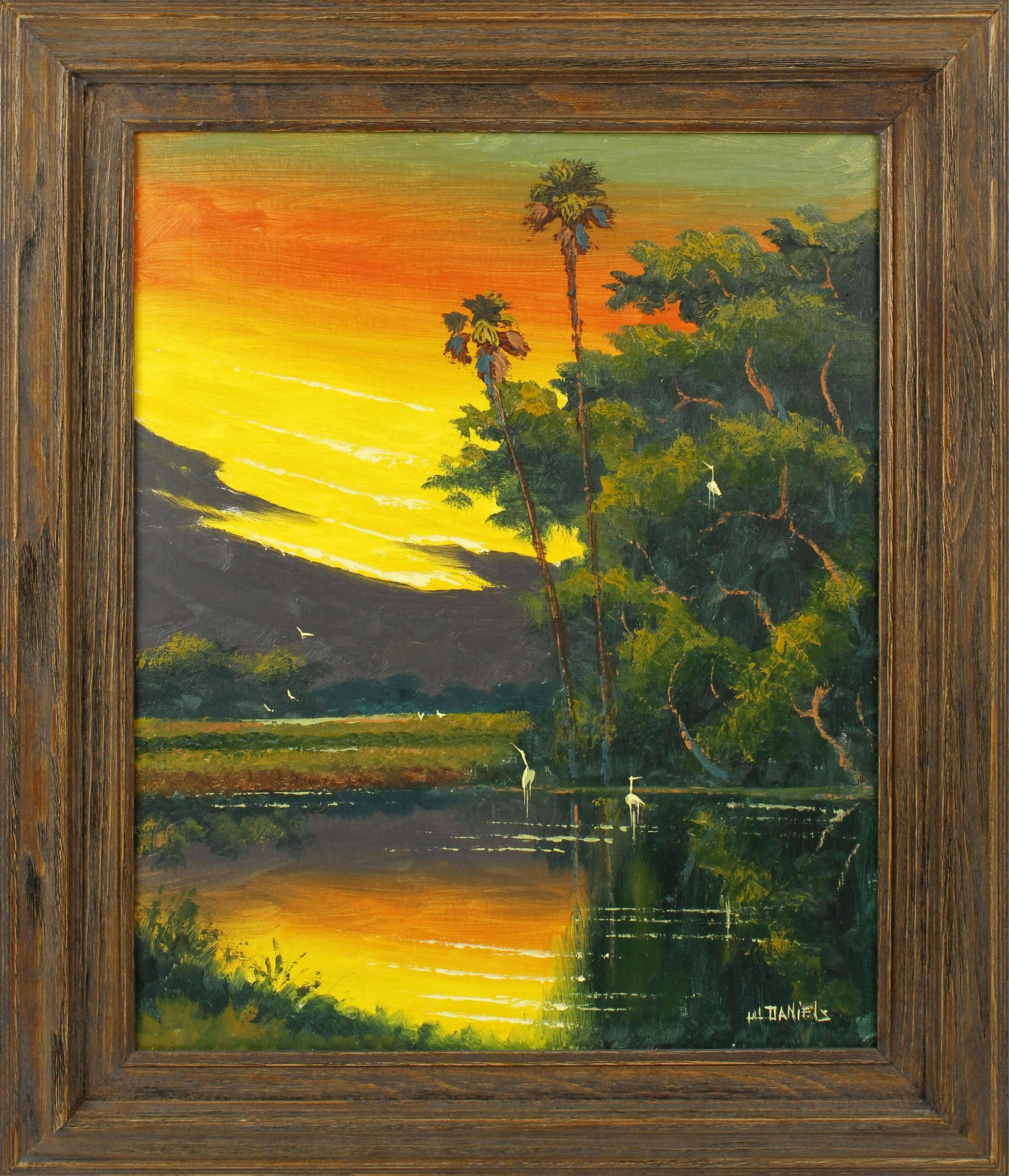 WILLIE DANIELS FLORIDA HIGHWAYMEN OIL ON BOARD: Willie Daniels, Florida Highwaymen oil on board. Orange and yellow St. Lucie river scene. Signed lower right, board measure 16" x 20" Condition: Very Fine.