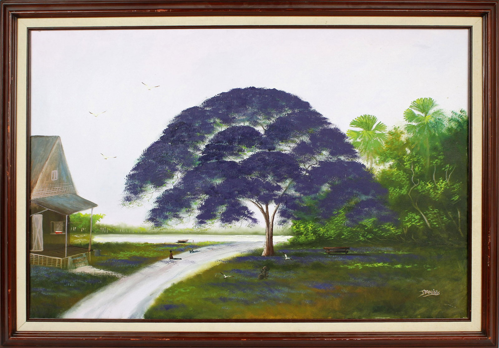 JOHNNY DANIELS FLORIDA HIGHWAYMEN OIL ON CANVAS: Johnny Daniels Florida highwaymen oil on canvas. Purple Jacaranda tree river front with a house to the right. Signed lower left. Canvas measures 24" x 36" Size: 41" x 29" framed Condition: Very Fine.
