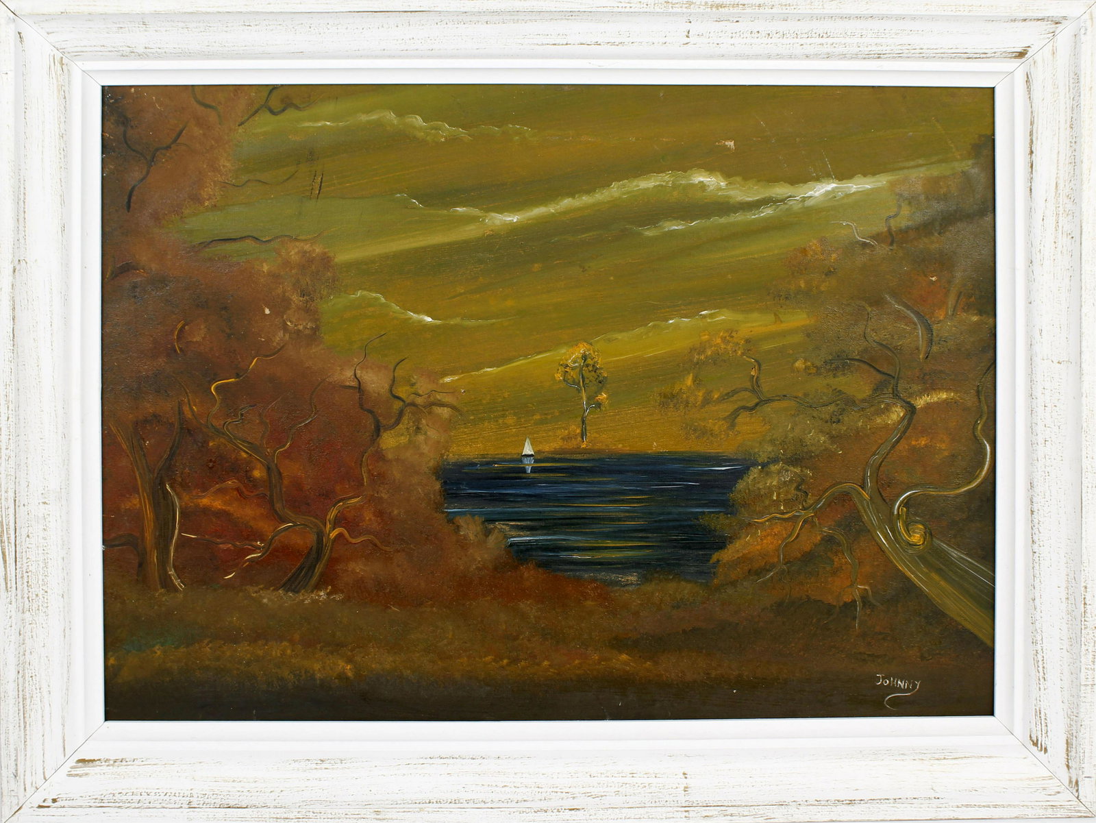 JOHNNY DANIELS FLORIDA HIGHWAYMEN OIL ON BOARD: Johnny Daniels Florida highwaymen oil on board. Dark Florida wetland scene. Signed lower left "Johnny". Board measures 24" x 36" Size: 41" x 29" framed Condition: Very Fine.