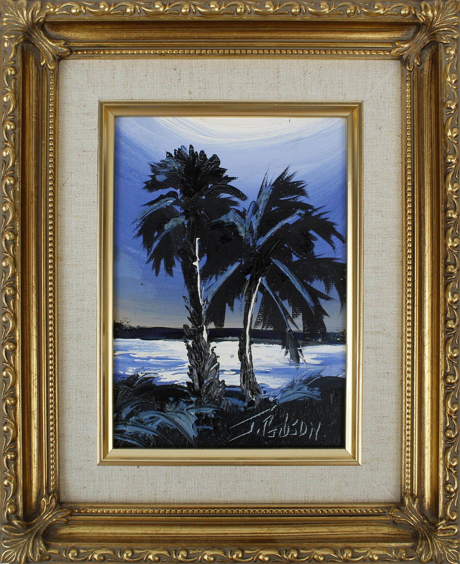 JAMES GIBSON FLORIDA HIGHWAYMEN OIL ON BOARD MINI: James Gibson, Florida highwaymen artist oil on board. Blue River scene, signed lower right. Board measures 5" x 7" Condition: Very Fine