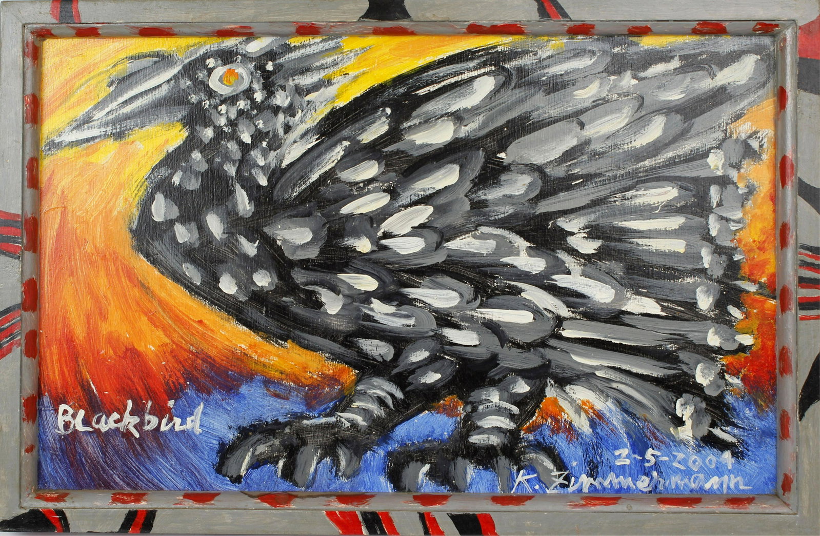 K. ZIMMERMANN FOLK ARTIST OIL PAINTING BLACK BIRD: Kurt Zimmermann, Folk artist, oil on board. Titled "Black Bird". 24" x 18", signed lower right. Condition: Very Fine.