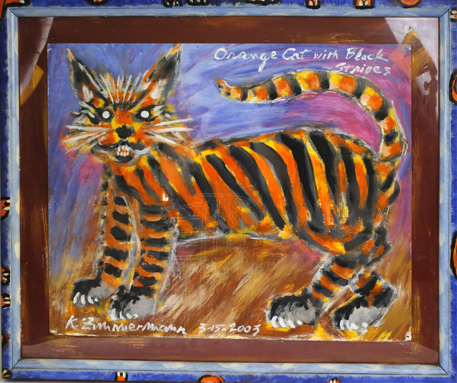 K. ZIMMERMANN FOLK ARTIST OIL PAINTING ORANGE CAT: Kurt Zimmermann, Folk artist, oil on board. Titled "Orange Cat". 24" x 30", signed lower right. Condition: Very Fine.