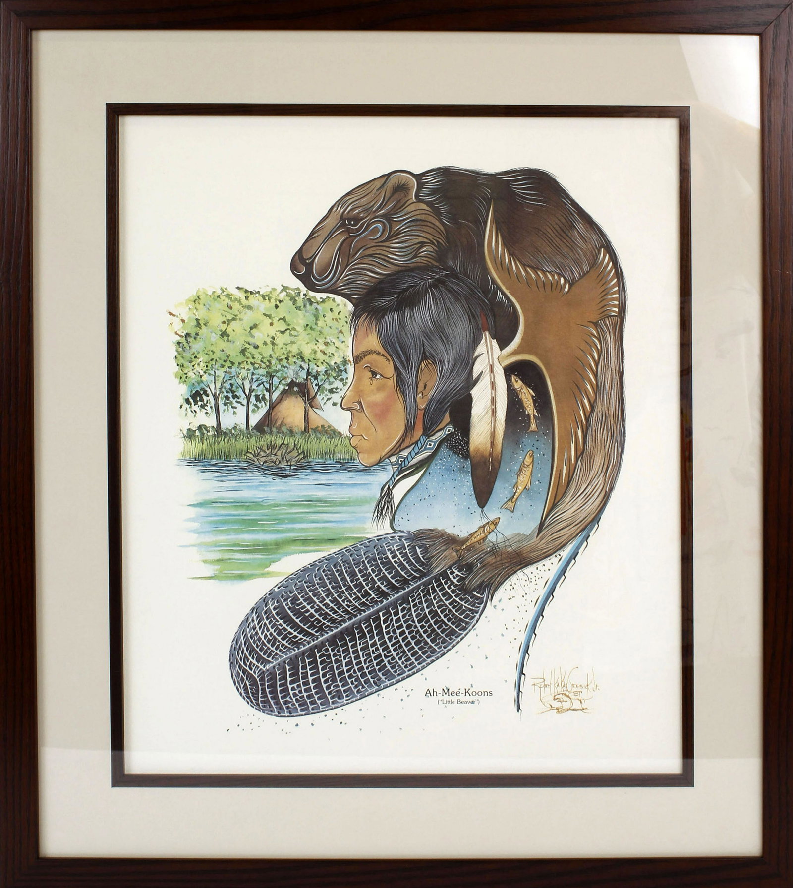 ROBERT KAKAYGEESICK JR. NATIVE AMERICAN ORIGINAL: Robert Kakaygeesick Jr. Native American artist original watercolor. Titled "Little Beaver", framed measures 25.5" x 28.5" Condition: Very Fine.