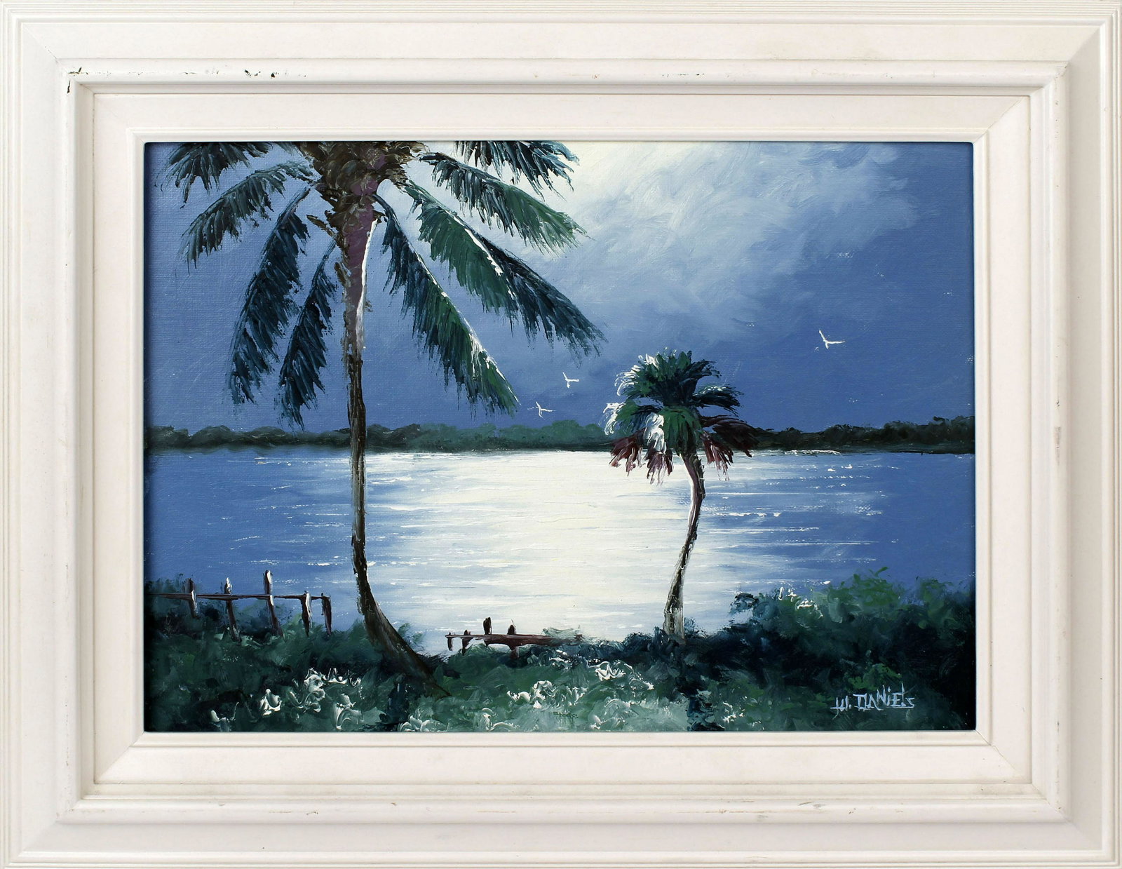 WILLIE DANIELS FLORIDA HIGHWAYMEN OIL ON BOARD: Willie Daniels, Florida highwaymen artist, original oil on canvas board. Blue moonlit river scene, Signed lower right, board measure 16" x 12"