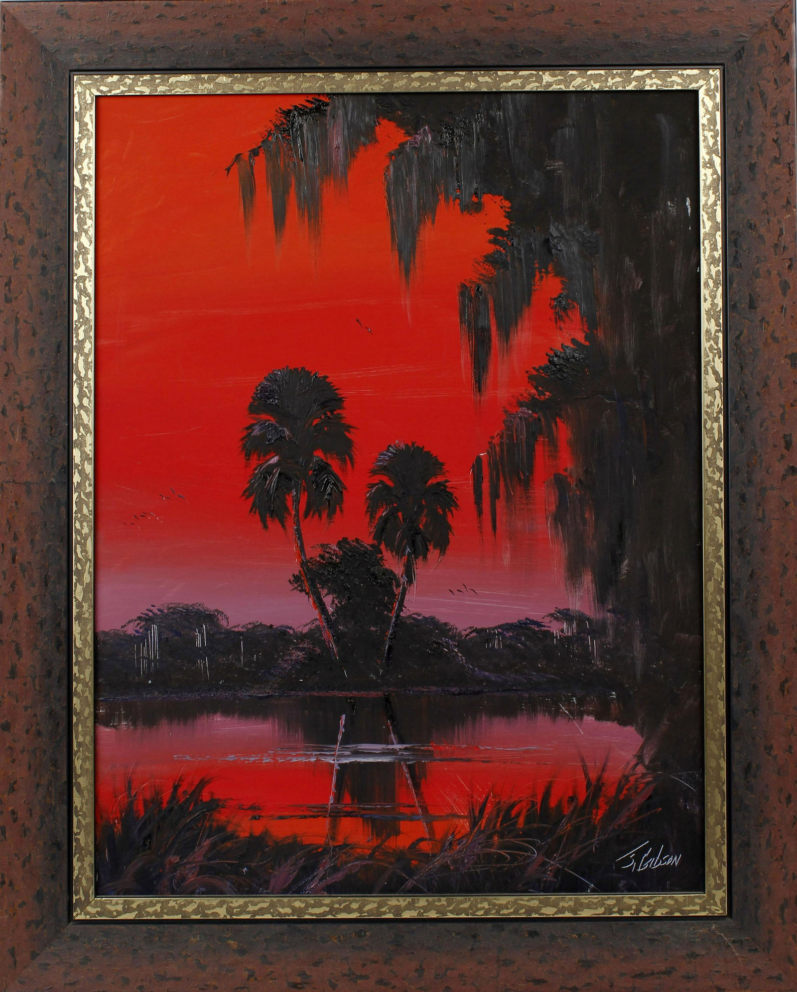 JAMES GIBSON FLORIDA HIGHWAYMEN OIL ON MASONITE: James Gibson, Florida highwaymen oil on masonite. Red Fires sky Florida river scene. Signed lower right, board measures 18" x 22" Condition: Very Fine.