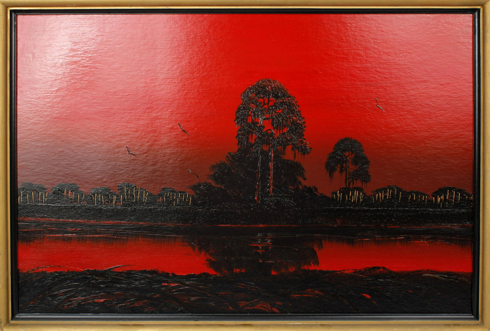 JAMES GIBSON FLORIDA HIGHWAYMEN OIL ON BOARD: James Gibson, Florida highwaymen artist, oil on upson. Bright firesky scene, unsigned. Board measures 24" x 36" Condition: Very Fine.