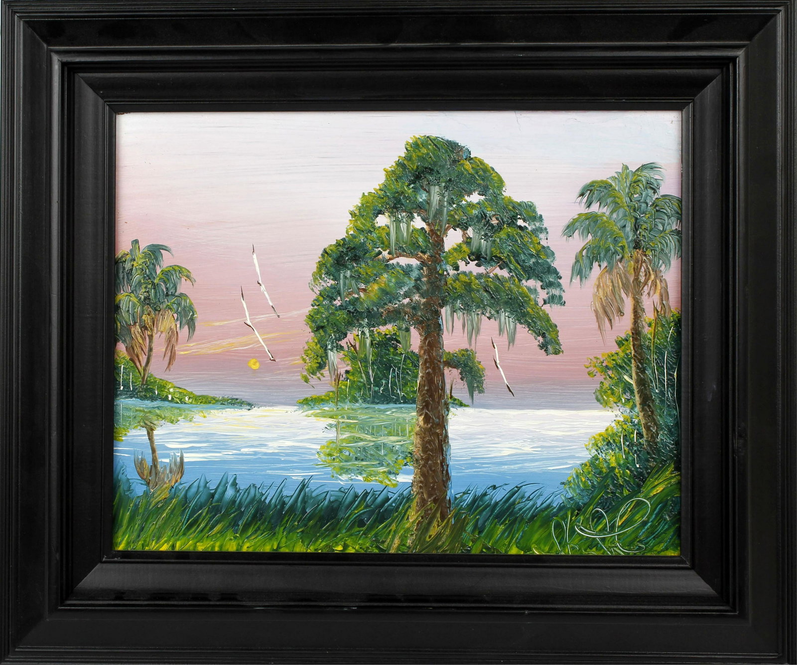 ISAAC KNIGHT FLORIDA HIGHWAYMEN OIL ON MASONITE: Isaac Knight, Florida highwaymen artist, oil on masonite. Florida wetland scene signed lower right. Board measures 16" x 12" Condition: Very Fine.