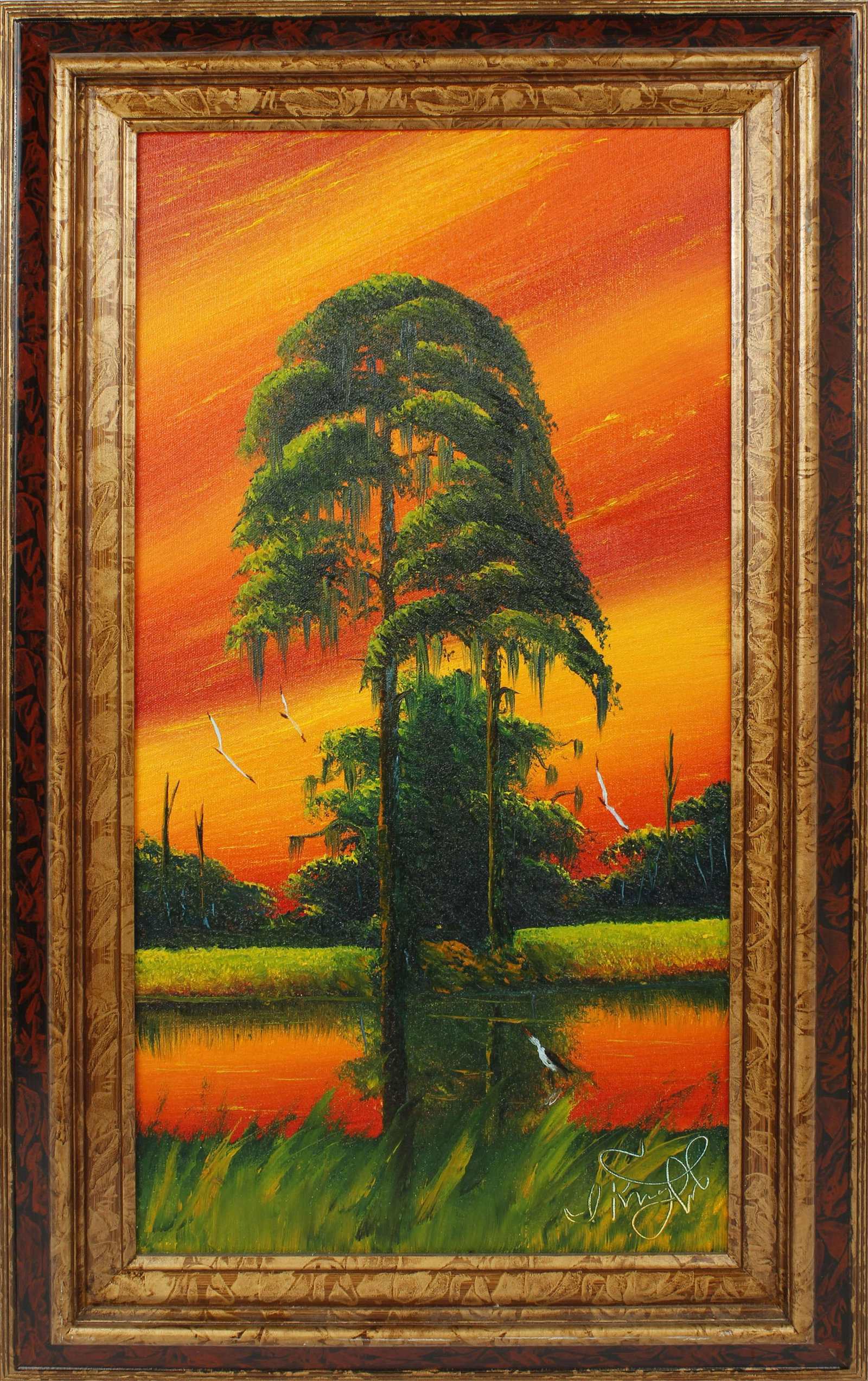 ISAAC KNIGHT FLORIDA HIGHWAYMEN OIL ON CANVAS: Isaac Knight, Florida highwaymen oil on canvas. Orange Florida wetland scene. Signed lower right, canvas measures 12" x 24" Condition: Very Fine.