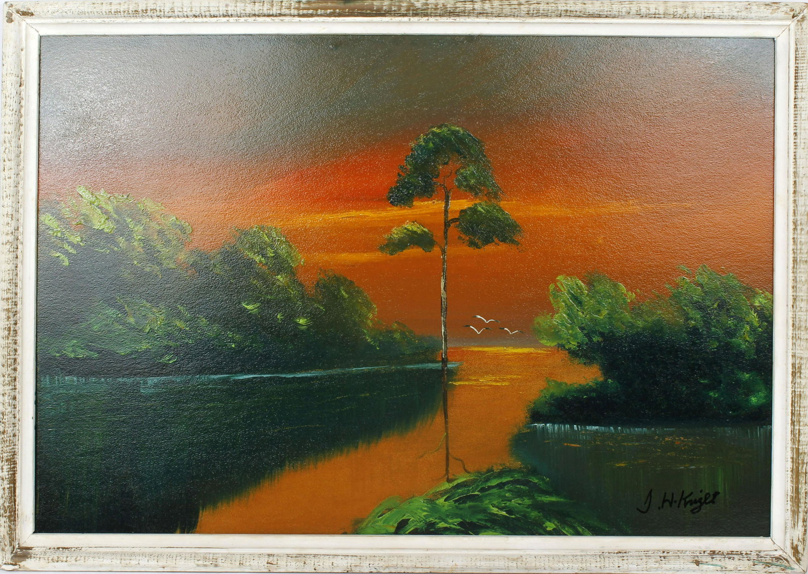 ISAAC KNIGHT FLORIDA HIGHWAYMEN OIL ON BOARD: Isaac Knight, Florida highwaymen artist oil on upson board. Florida wetland scene with orange fire sky. Board measures 24" x 36" Condition: Very Fine.