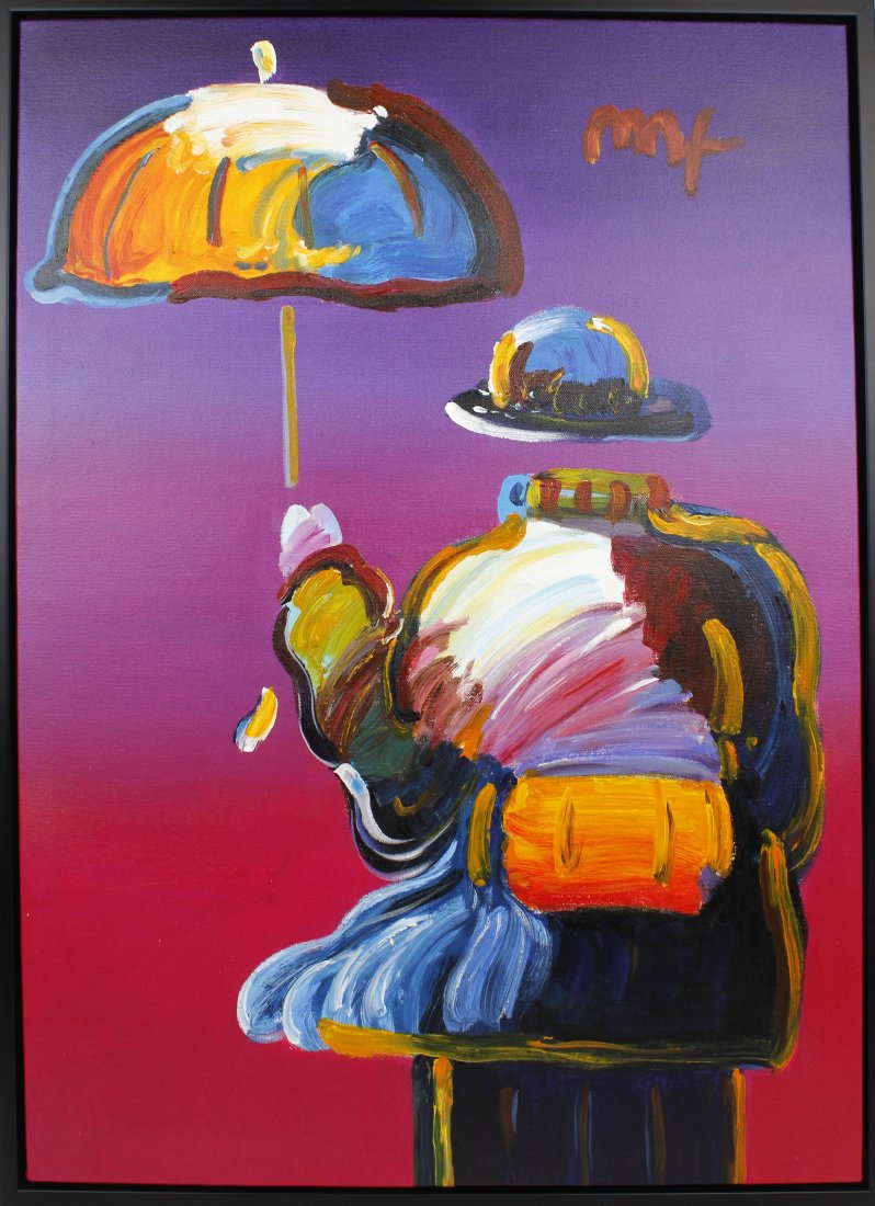 PETER MAX UMBRELLA MAN ORIGINAL ACRYLIC ON CANVAS: Peter Max, original acrylic on canvas, titled \"Umbrella Man\". Purple and bright colored classic scene.24" x 36"