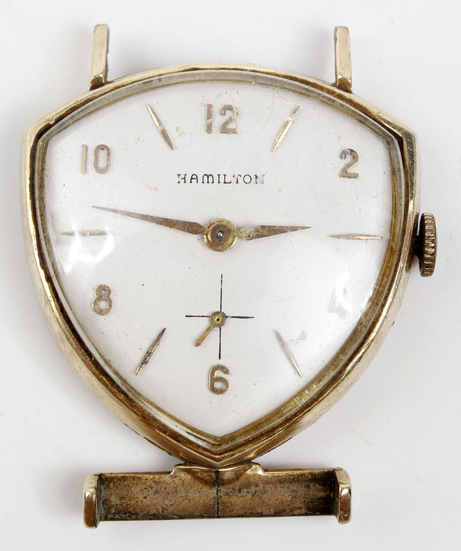 HAMILTON ELECTRIC TRIANGULAR GOLD FILLED WATCH: Hamilton electric triangular 10k gold filled watch face. Not running. Weight: 20.5 grams Size: 30mm