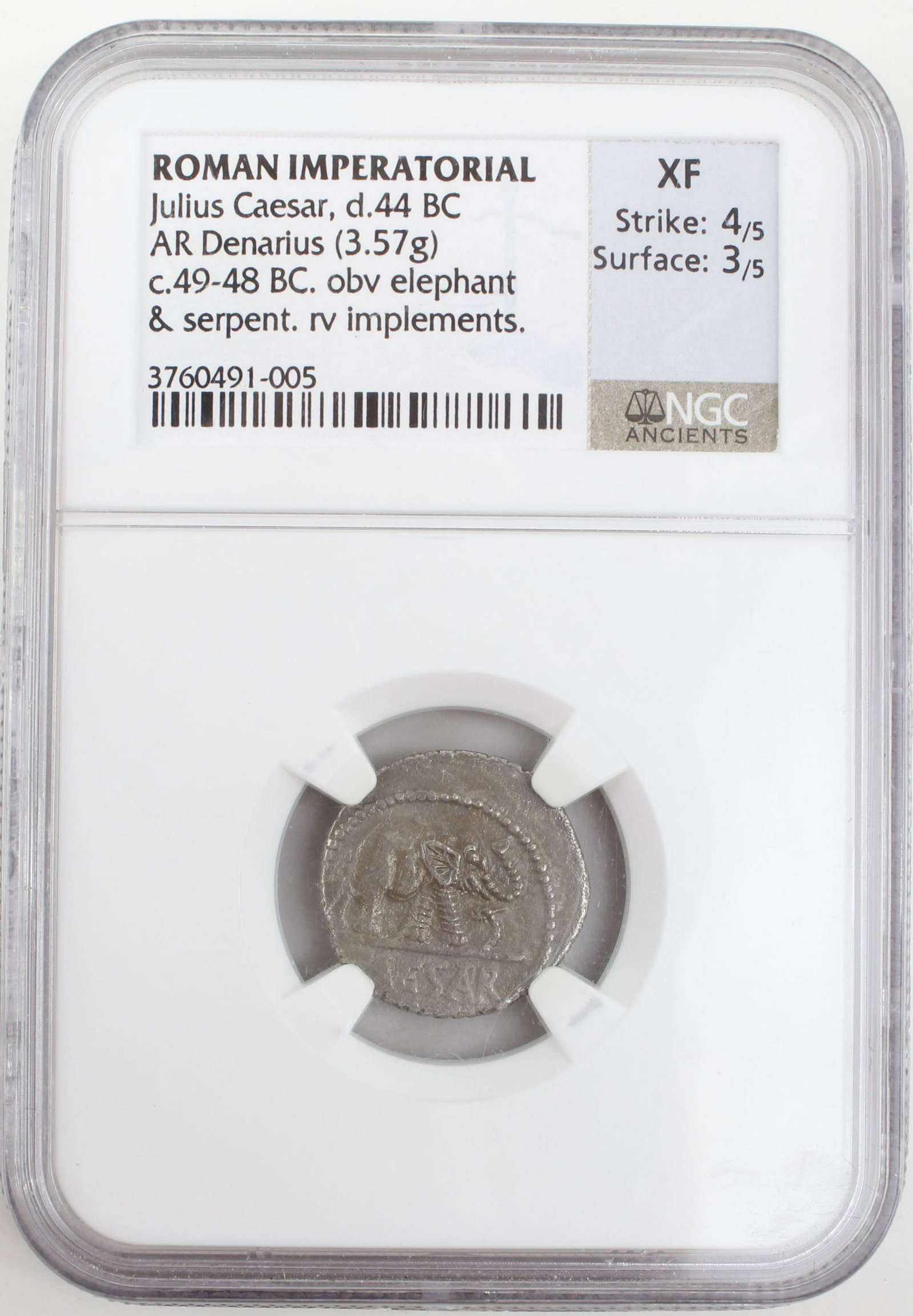 ROMAN IMPERATORIAL JULIUS . CAESER ANCIENT COIN: Roman Imperatorial Julius Caesar, d. 44 BC AR Denarius (3.57g) c. 49-48BC. obv elephant & serpent. rv implements.