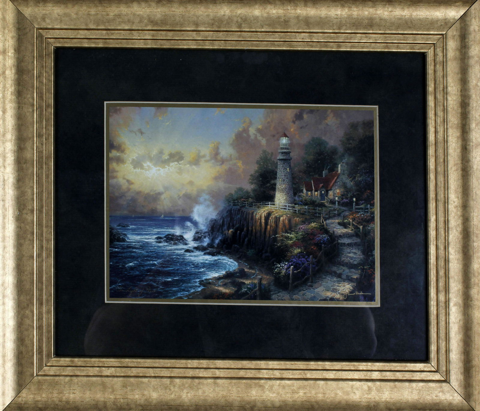 THOMAS KINKADE COLLECTORS SOCIETY PRINTS - 2: Thomas Kinkade, collectors society prints lot of 2 - (1) lighthouse scene, (1) Lighthouse cliff. Condition: Very Fine.