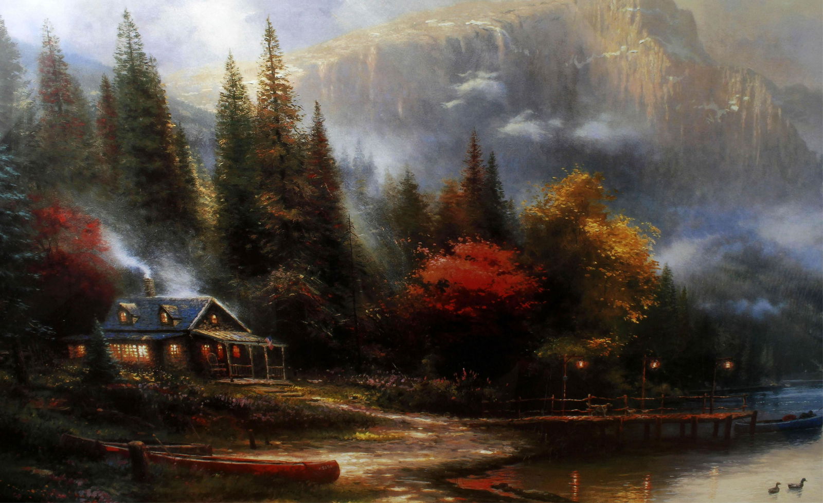 THOMAS KINKADE COLLECTORS SOCIETY SIGNED PRINT: Thomas Kinkade signed print, "The end of a perfect day III". Framed measures 36" x 40" Condition: Very Fine.