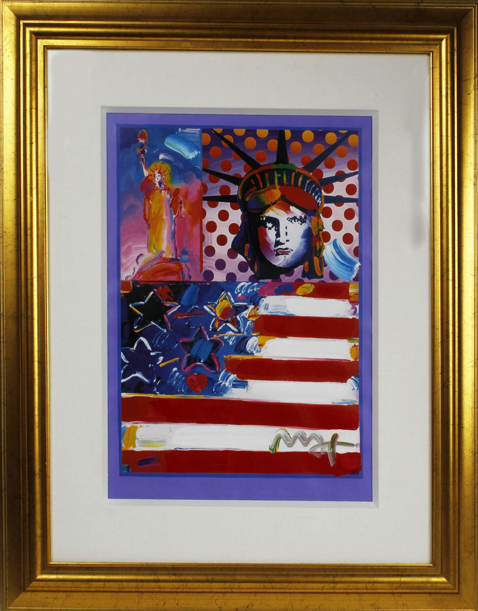 PETER MAX ORIGINAL MIXED MEDIA LIBERTY HEAD: Peter Max, Mixed Media original, titled " God Bless America II". 16" x 20" Mixed Media, Signed lower right. Size: 31.5" x 38" framed Condition: Very Fine.