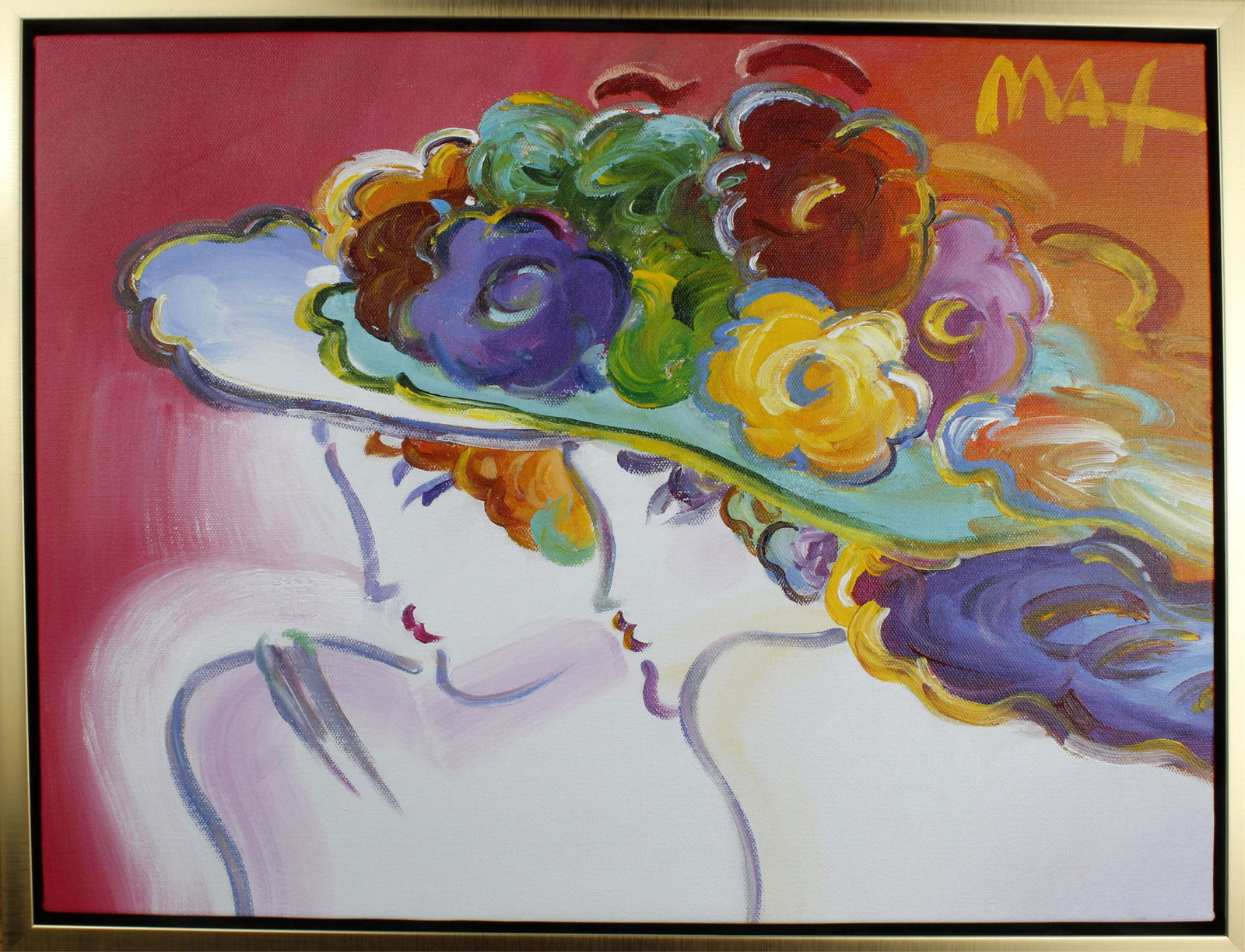 PETER MAX FLOWER HAT ORIGINAL OIL ON CANVAS: Peter Max, original oil on canvas. Colorful Flower hat atop a womans head, signed upper right. canvas measures 20" x 24" Condition: Very Fine.