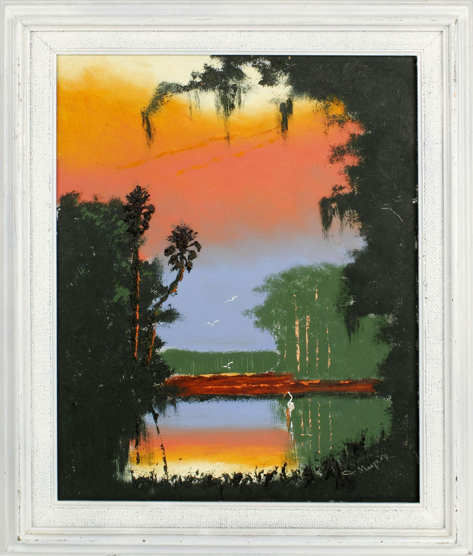 JOHN MAYNOR FLORIDA HIGHWAYMEN OIL ON BOARD: John Maynor, Florida highwaymen artist, oil on board. Rainbow sky river scene, signed lower right. Board measures 16" x 20" Condition: Very Fine.