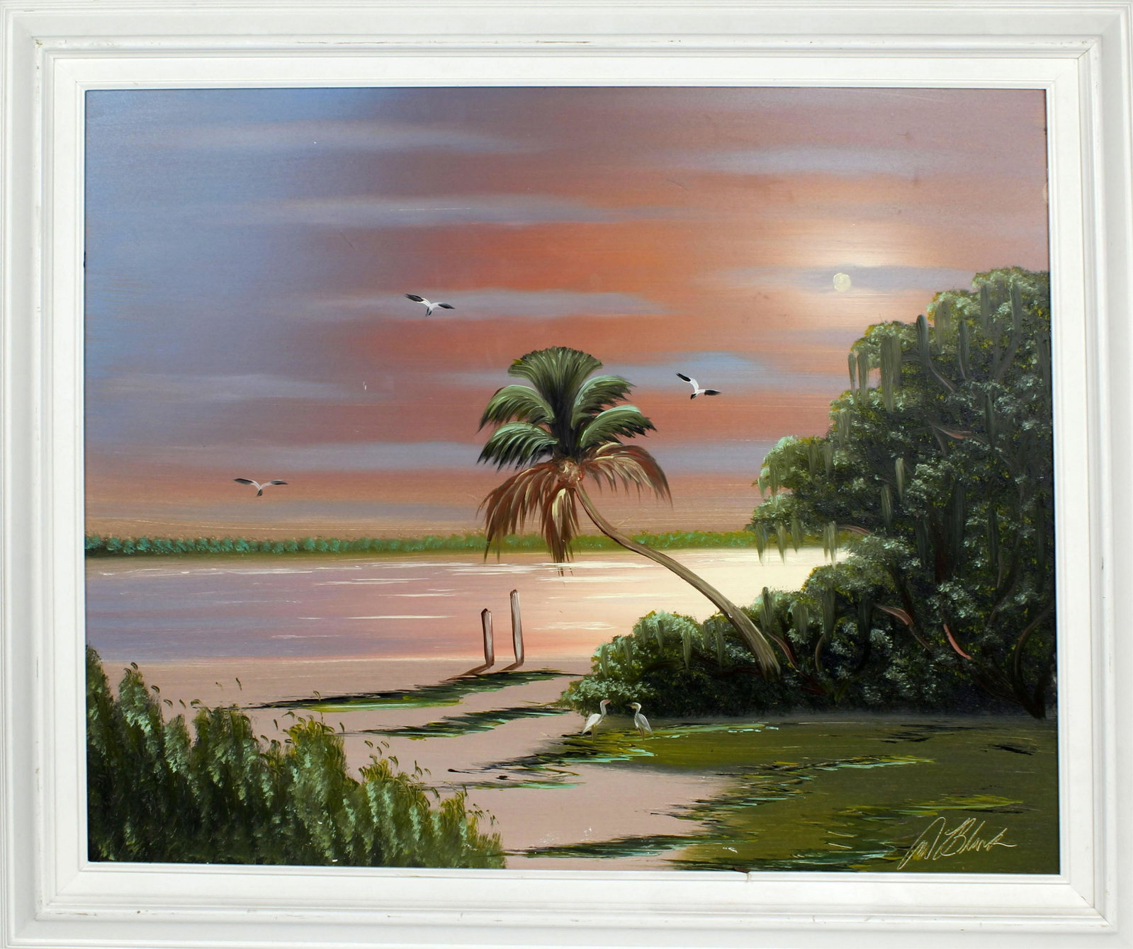 AL BLACK FLORIDA HIGHWAYMEN OIL ON BOARD: Al Black, Florida Highwaymen artist, oil on board. Sunset Florida beach scene with purple to pink skies. Signed lower left, board measures 24" x 30" Condition: Very Fine.