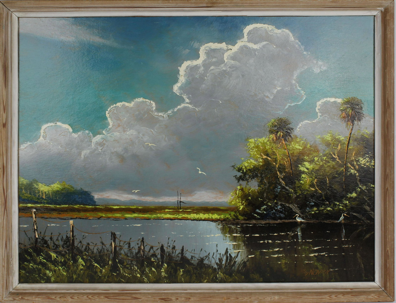 SAM NEWTON FLORIDA HIGHWAYMEN OIL ON UPSON: Sam Newton, Florida Highwaymen artist, oil on upson board. St. Lucie river scene with rolling clouds and rippling waters. signed lower right, board measures 24" x 30" Size: 32" x 26" framed Condition: