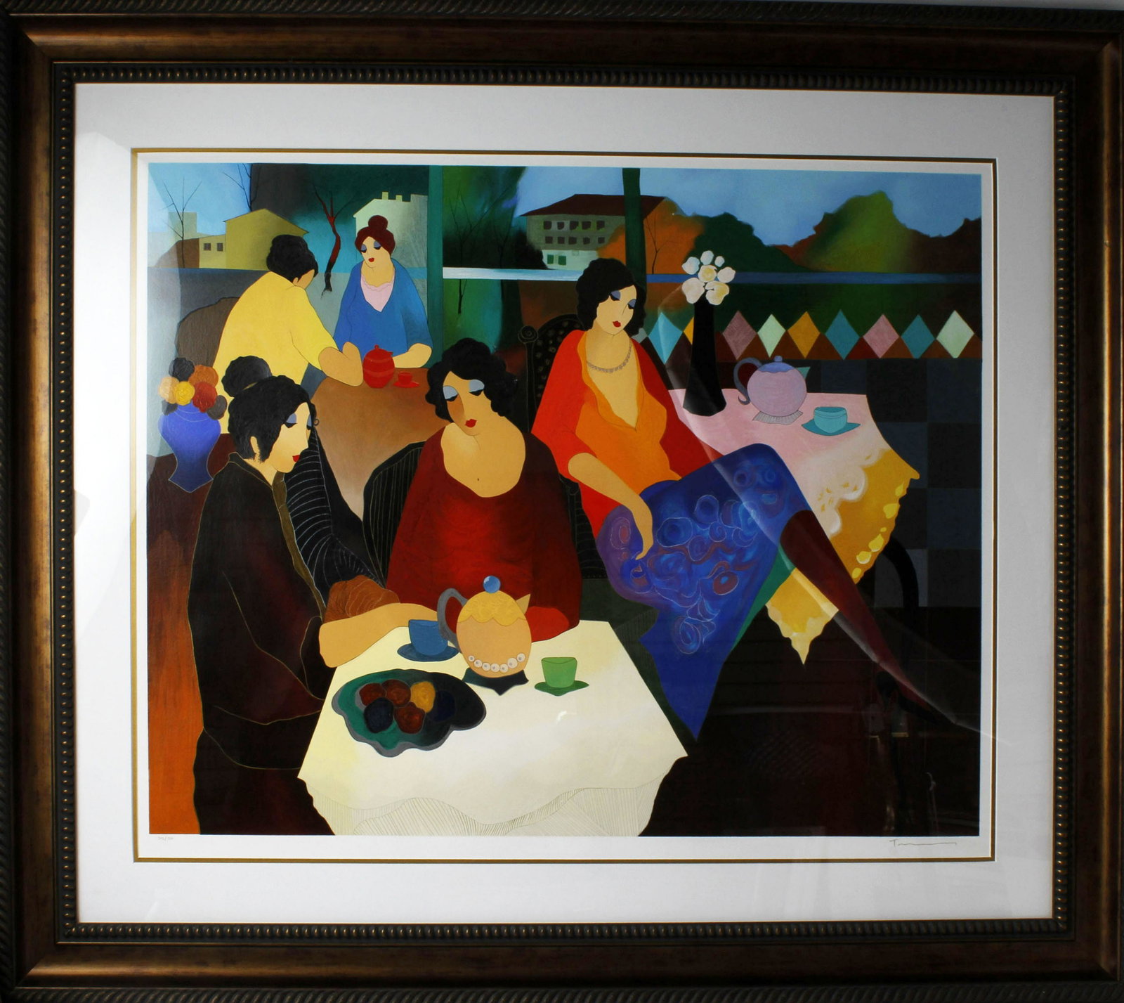 ITZCHAK TARKAY LITHOGRAPH TEA AMONGST FRIENDS: Itzchak Tarkay, hand signed lithograph, series of 350. Titled "Tea amongst Friends". Dated 2004, measures 29" x 37 3/8" Condition: Very Fine.