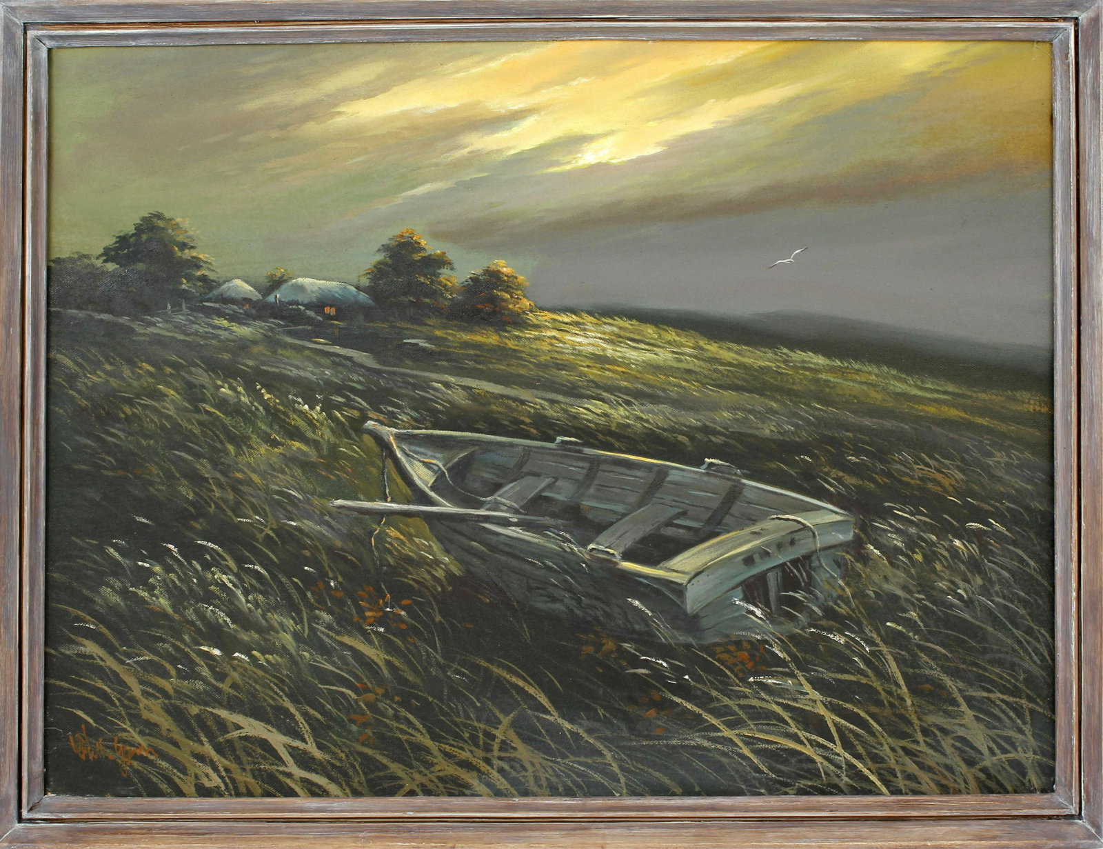 ORIGINAL OIL ON CANVAS EAST COAST CANOE SCENE: Original oil on canvas east coast at sunset scene with canoe inn the marsh. Signed lower right, canvas measures 18" x 20" Condition: Very Fine.