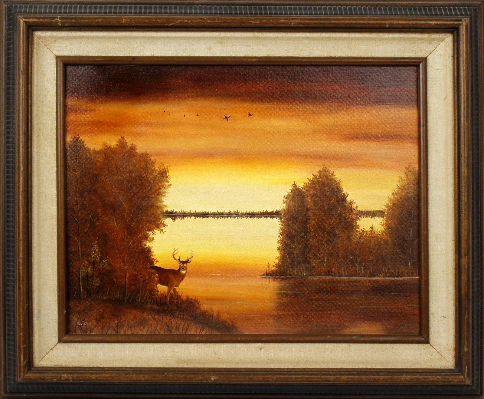 VERA LIETZ FLORIDA RIVER SUNSET BUCK SCENE: Vera Lietz Florida artist, river sunset buck scene. Signed lower right, board measures 18" x 14" Condition: Very Fine.