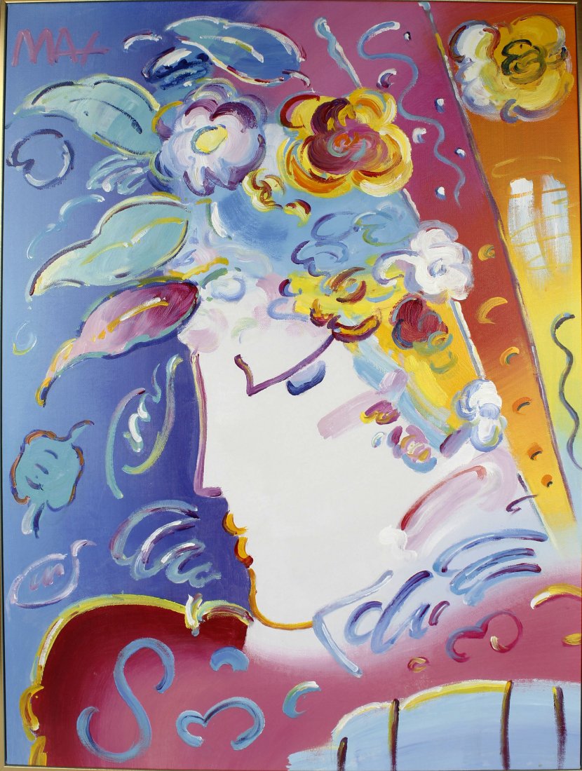 PETER MAX ORIGINAL BLUSHING BEAUTY ACRYLIC: Peter Max, original acrylic on canvas, "Blushing Beauty". Canvas measures 24" x 36", Peter Max 1996 Gallery stamp on reverse canvas.