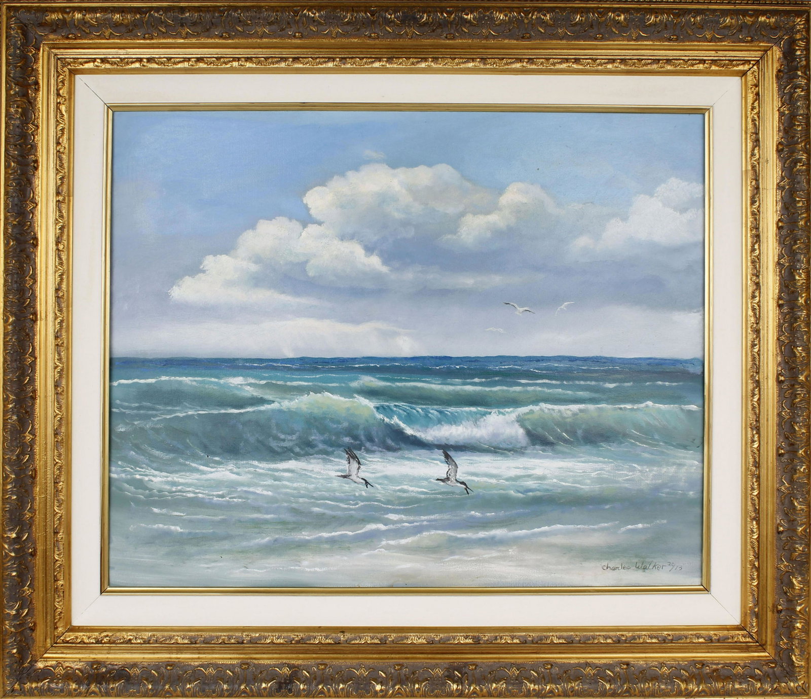 CHARLES WALKER FLORIDA HIGHWAYMEN CRASHING WAVES: Charles Walker, Florida Highwaymen artist, oil on canvas. Stunning Beach scene with crashing white top waves and seagulls flying in the easterly wind. Signed lower right, board measures 24" x 30" Cond