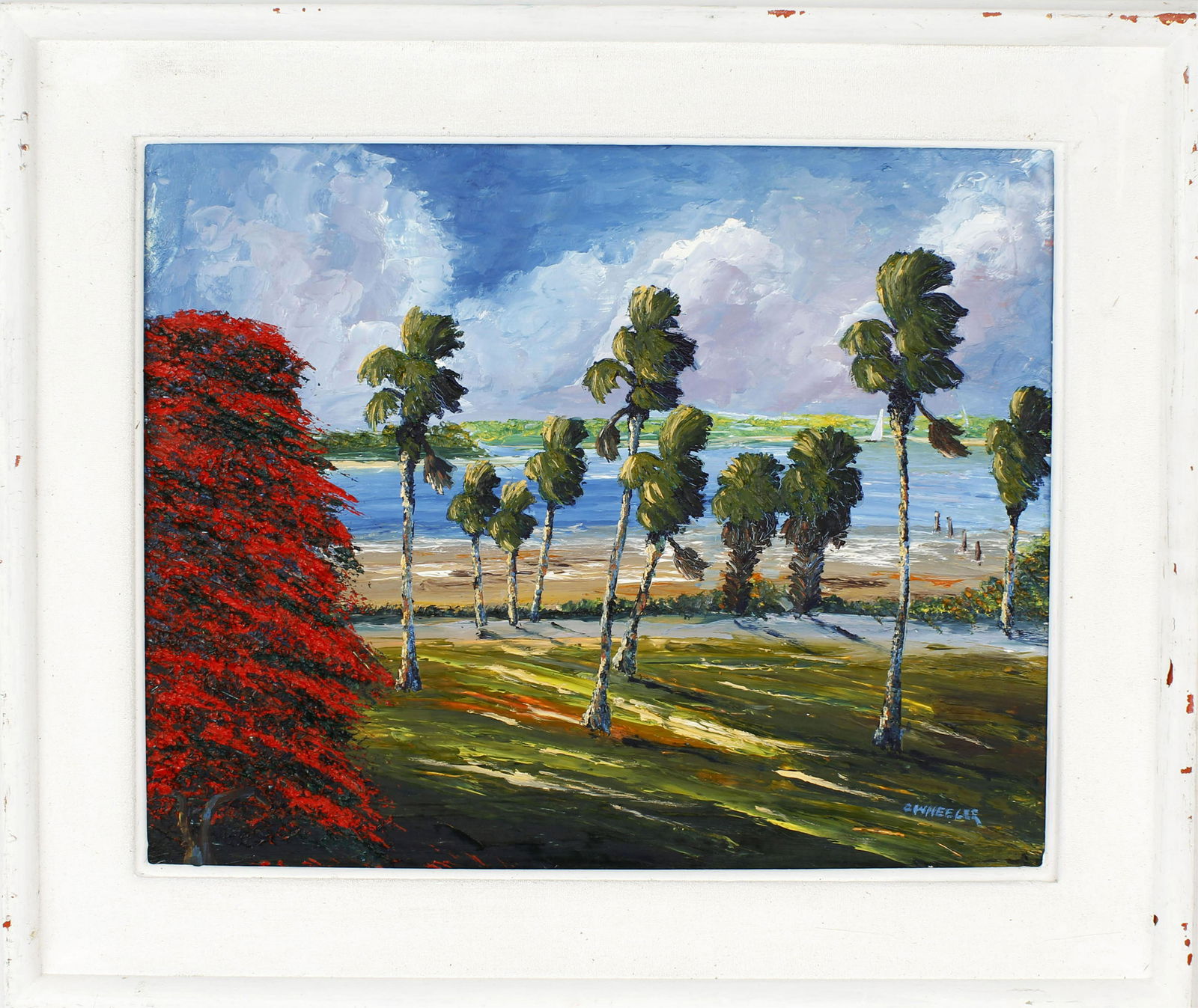 CHICO WHEELER FLORIDA HIGHWAYMEN POINCIANA TREE: Chico Wheeler, Florida Highwaymen artist, oil on masonite. Vivid red Royal Poinciana tree framing the painting with towering palm trees along the beach. Board measures 16" x 20", signed lower right. C