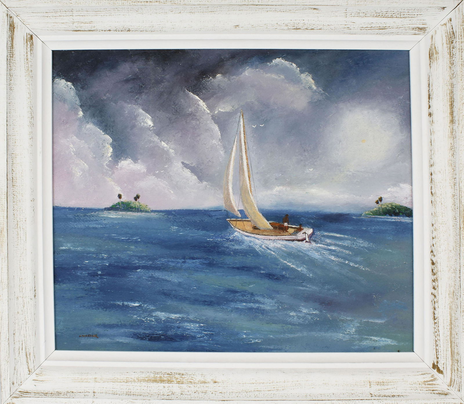 CHICO WHEELER FLORIDA HIGHWAYMEN ST. LUCIE RIVER: Chico Wheeler, Florida Highwaymen artist, oil on masonite. St. Lucie river scene close up of a sail boat and an island in the distance. Board measures 20" x 24", signed lower right. Condition: Very Fi