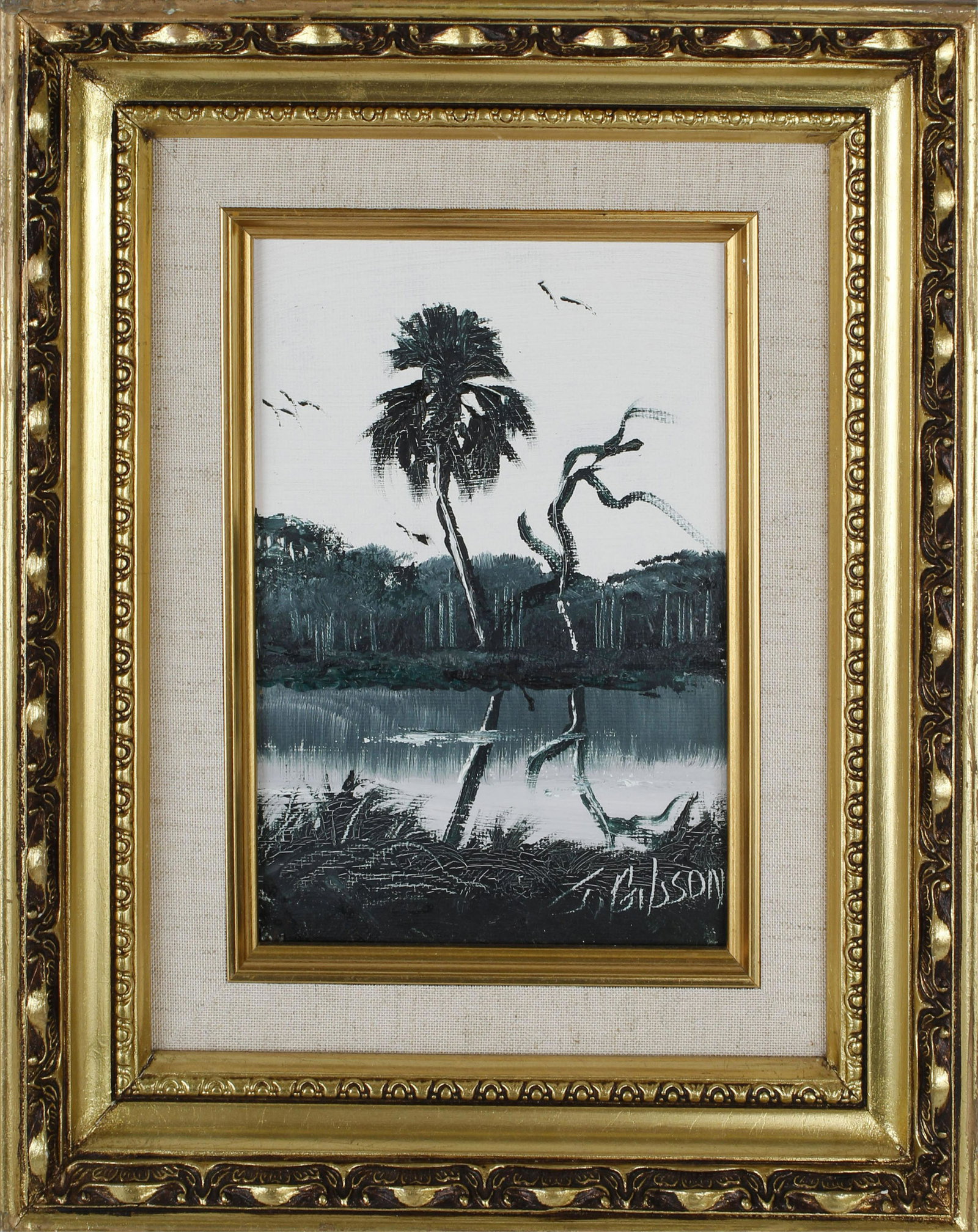 JAMES GIBSON FLORIDA HIGHWAYMEN OIL ON BOARD MINI: James Gibson, Florida Highwaymen oil on board. Miniature monochromatic St. Lucie river scene. Signed lower right, board measures 5" x 7" Condition: Very Fine.
