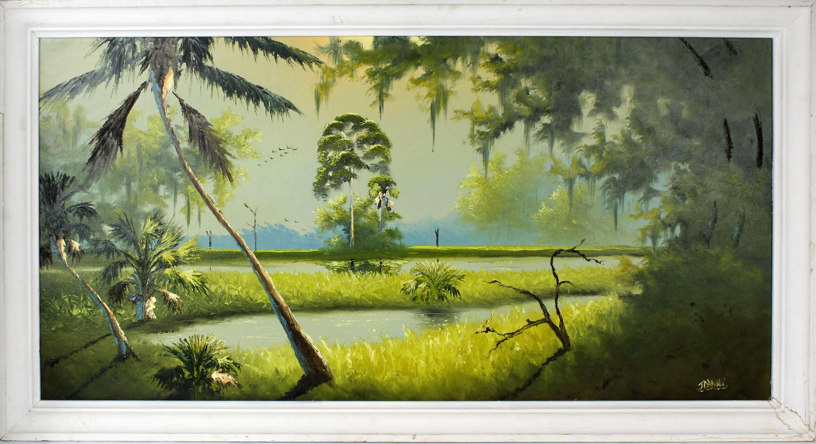 JOHNNY DANIELS FLORIDA HIGHWAYMEN WETLAND SCENE: Johnny Daniels Florida Highwaymen artist, oil on board. Florida wetland scene with bright green and blue skies and cypress trees in the distance. Board measures 24" x 36", signed lower right Condition