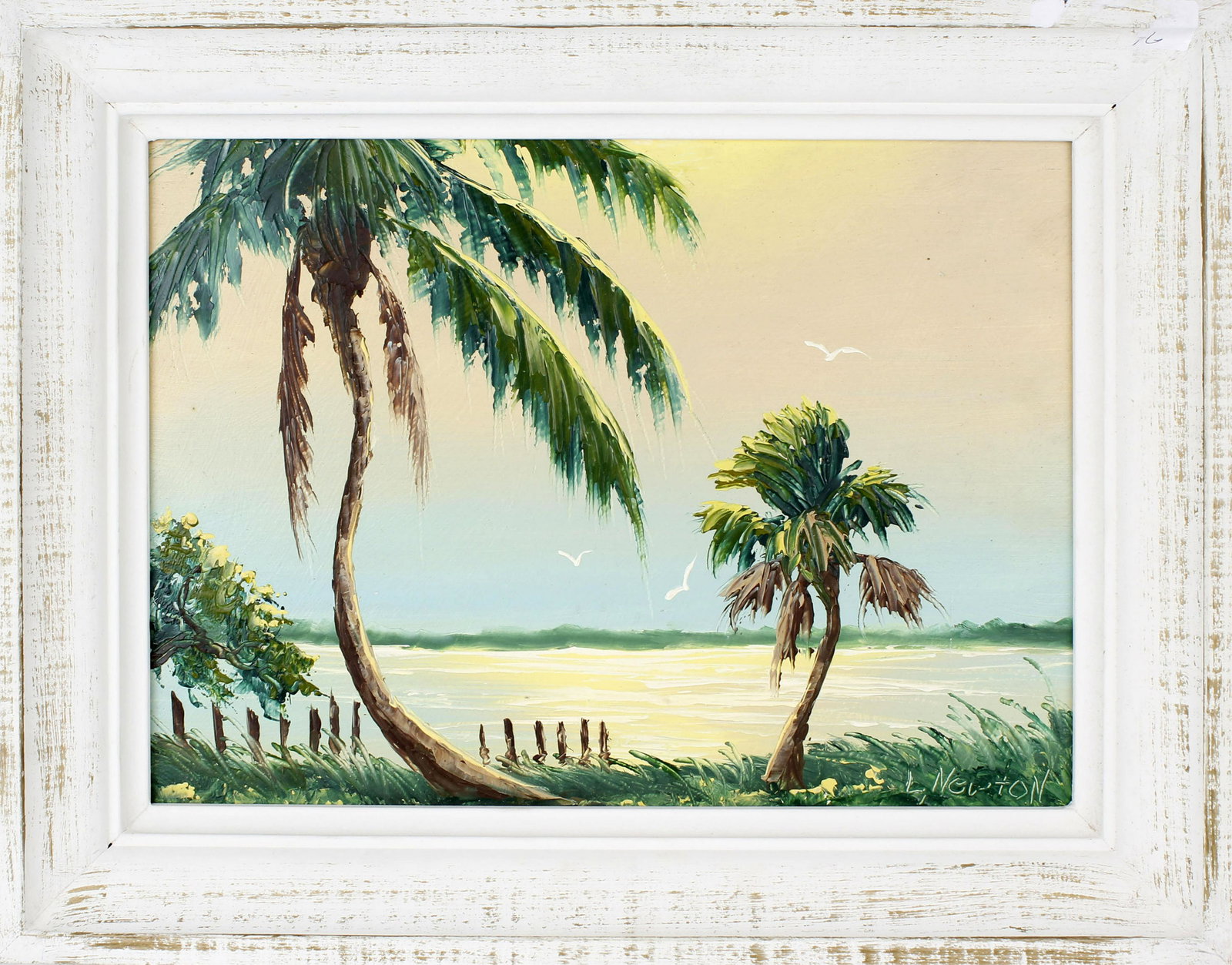 LEMUEL NEWTON FLORIDA HIGHWAYMEN ST. LUCIE RIVER: Lemuel Newton, Florida Highwaymen artist, oil on board. St. Lucie river scene with bright yellow sunrise and palm trees swaying in the breeze. Signed lower right, board measure 12" x 16" Condition: Ve