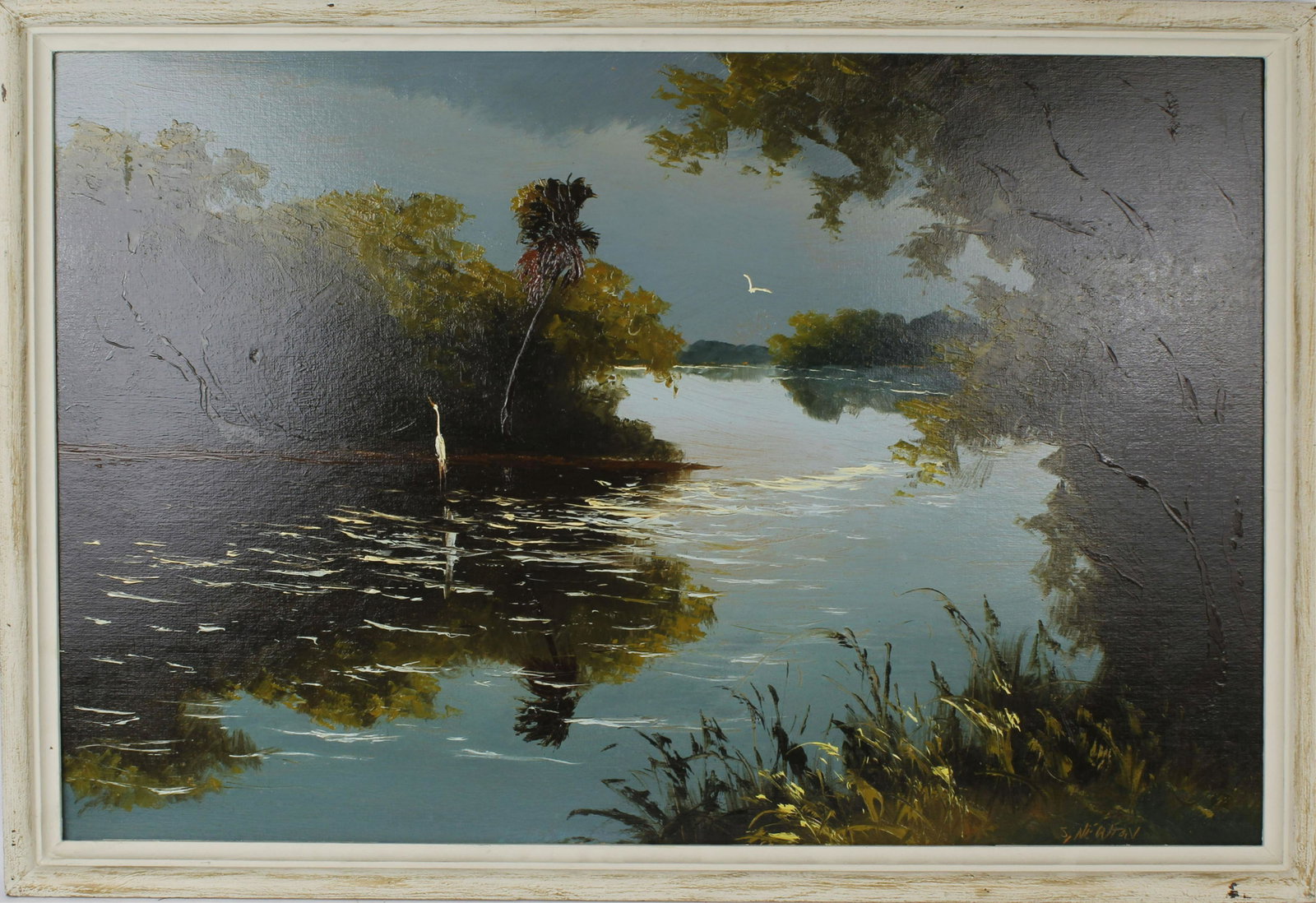 SAM NEWTON FLORIDA HIGHWAYMEN MOONLIT RIVER: Sam Newton, Florida Highwaymen artist , oil on upson. Beautiful Moonlit St. Lucie river scene with lush green foliage. Signed lower right, board measures 24" x 36" Condition: Very Fine.